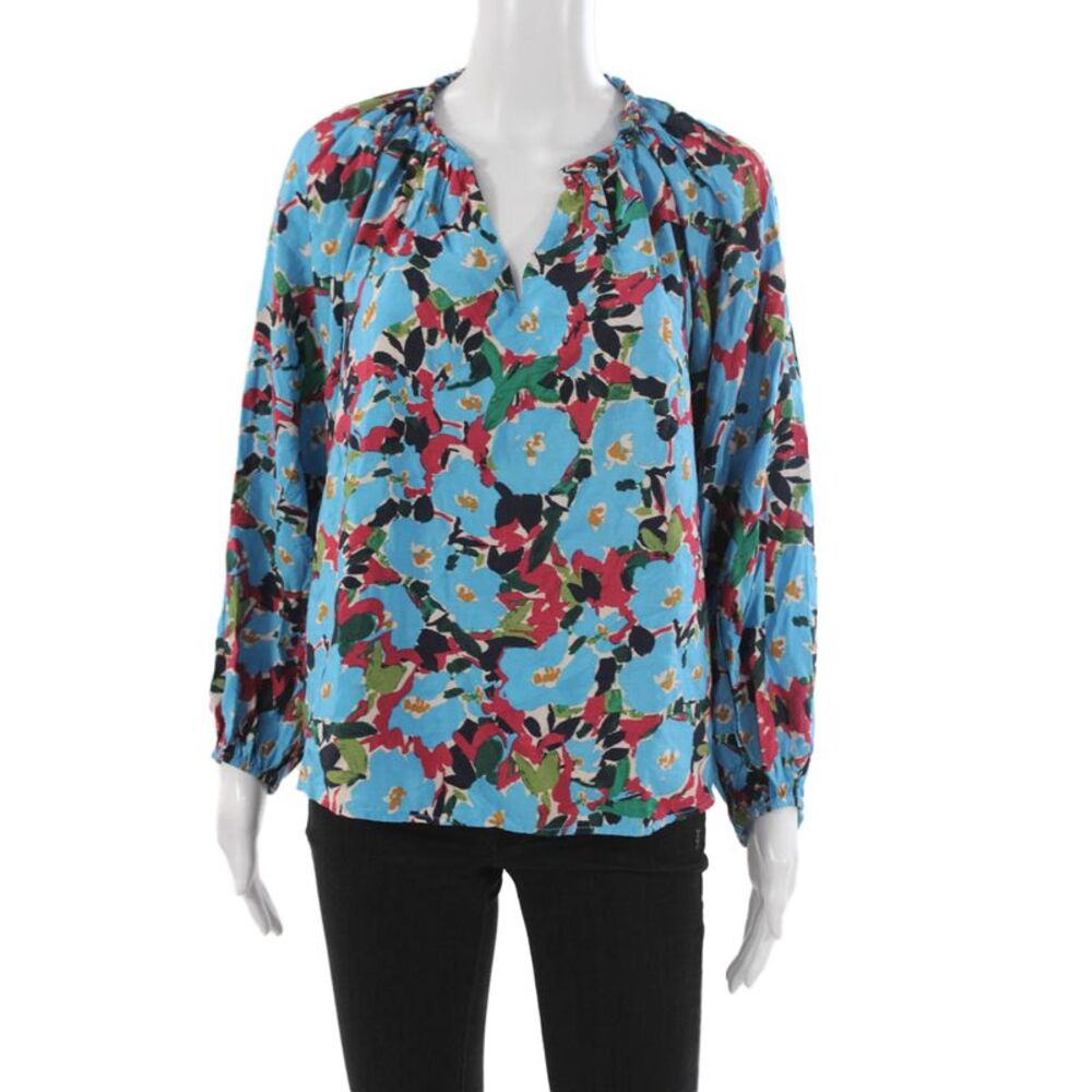 Mahina Women Floral V-Neck Rayon Pullover 3/4 Sleeve Blouse Multicolor Size M